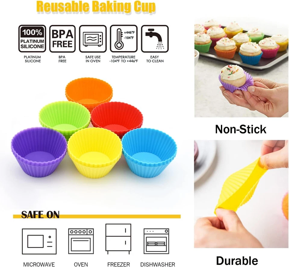 Pack de 24 tazas de silicona para hornear cupcakes, reutilizables y antiadherentes grandes, multicolores  Foto 2 de 4
