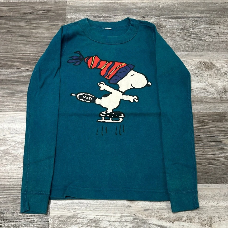 Vintage Hanna Andersson x Peanuts Snoopy Ice Skating Teal Boys 4T Graphic Shirt - Image 2 of 4