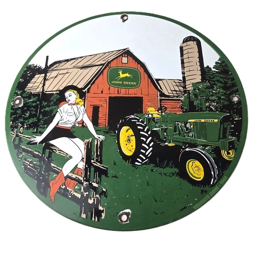 Vintage John Deere Pin Up Porcelain Sign - Barn Tractor Farm Girl Sign