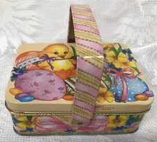 Easter Tin (Empty) w/ Handle Container Chick, Eggs, Flowers, and Bows