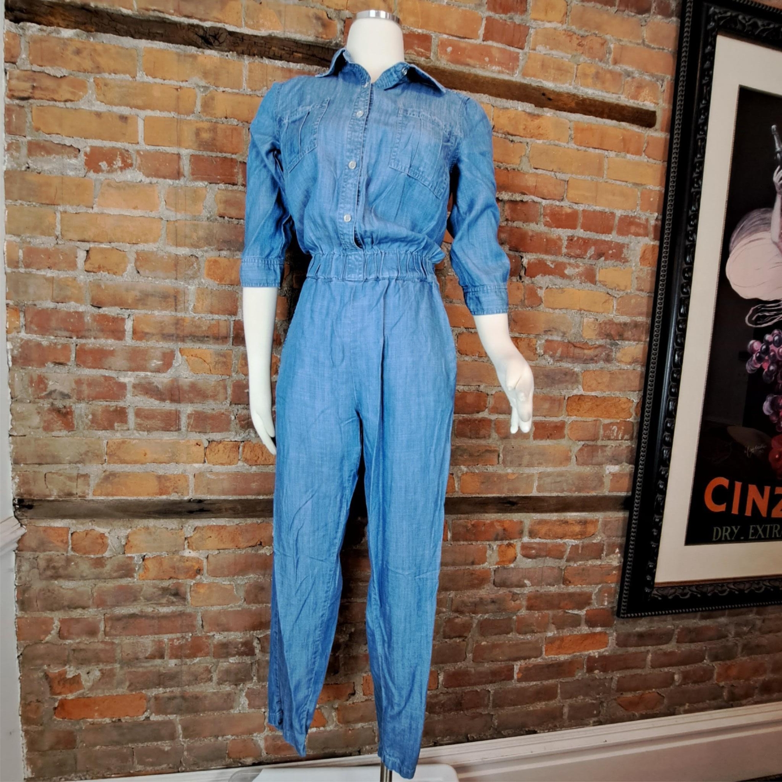 Soho Jumpsuit Chambray Button Front Elastic Waist Pockets Lightweight Size XS-image