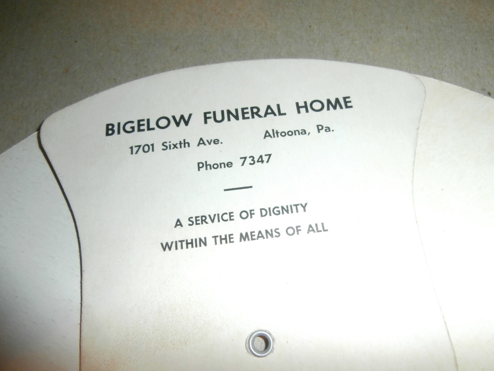 Vintage Bigelow Funeral Home Altoona PA Fan eBay