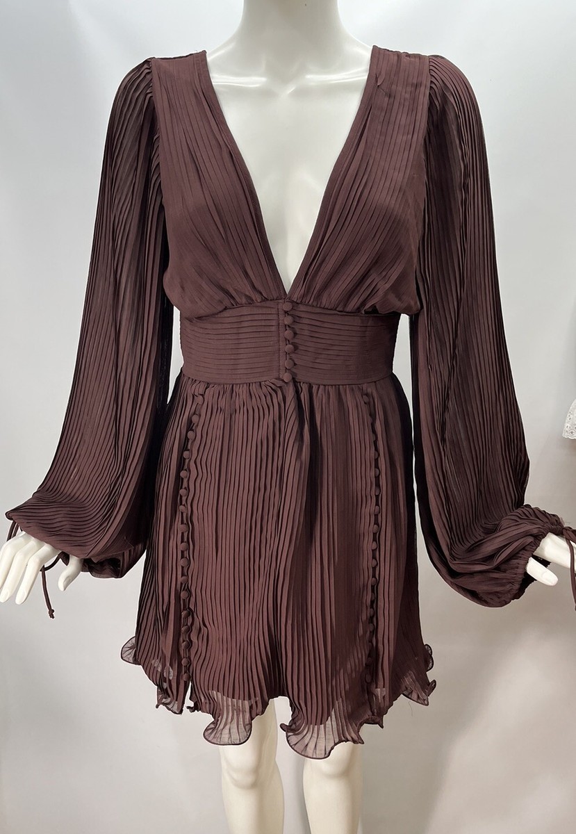 ASOS DESIGN Button Micro Pleated Mini Dress in Merlot Sz 4 V Neck Plunge
