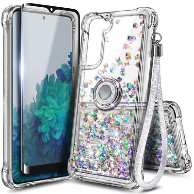 For Samsung Galaxy S21 FE 5G Case, Liquid Glitter Bling Cover w/ Tempered Glass