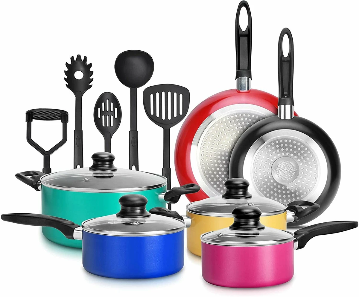 15 Piece Pots & Pans Set - Colorful Kitchen Cookware, Black Non-Stick  Coating In