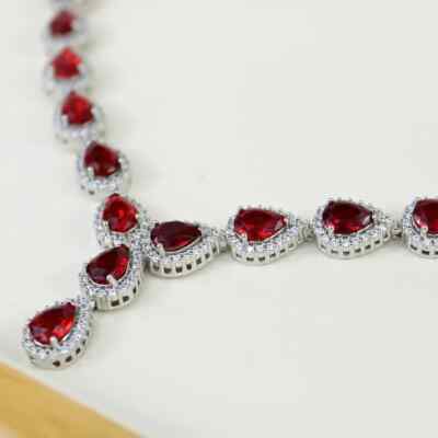 Red Ruby Pear Cut Cluster white Gold finish Necklace Anniversary Birthday Gift H