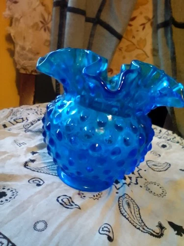 VTG Fenton Hobnail Cobalt Blue Crimped Ruffle Edge Candle Holder Glass 3"  Gift