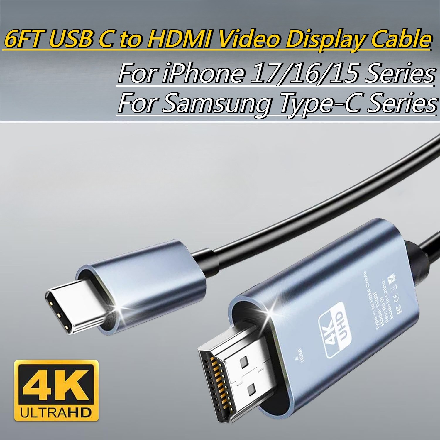 USB C to 4K HDMI Cable Video Converter Adapter 6Ft Long Type