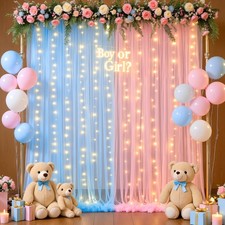 10x8 Ft Pink Blue Tulle Photo Backdrop Sheer Curtain String Lights Party Decor