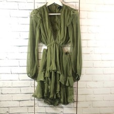 ASOS DESIGN Olive Green Plunge Cut Out Tiered Ruffle Mini Dress Lace Trim Size 6