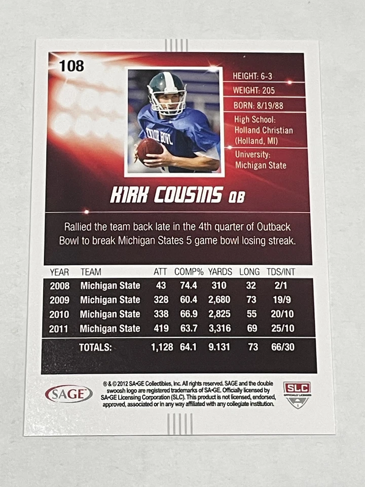 2012 SAGE HIT Football #108 - Kirk Cousins RC - Michigan State Spartans - Image 2 of 2