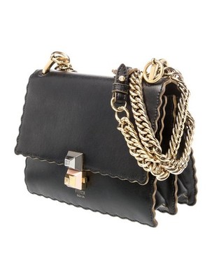 Fendi Black Scalloped Chain Strap Turn Lock Top Handle Crossbody Bag