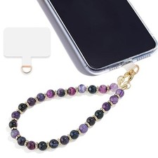 Marble Beaded Phone Wrist Strap,Detachable Phone Bracelet Purple Peacock Agate