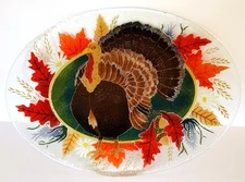 Peggy Karr Fused Glass Turkey Platter Large 17.5" Wide Gorgeous!