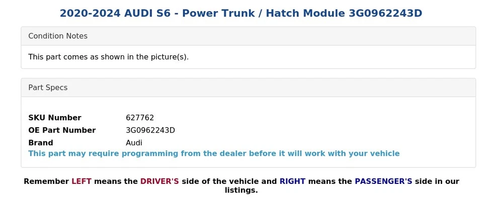 AUDI S6 2020-2024 - Módulo maletero eléctrico/portón escotilla 3G0962243D Foto 4 de 4