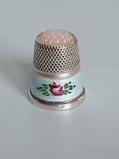Sterling Silver 925 Guilloche Enamel Rose Quartz Topped Floral Thimble (1332)
