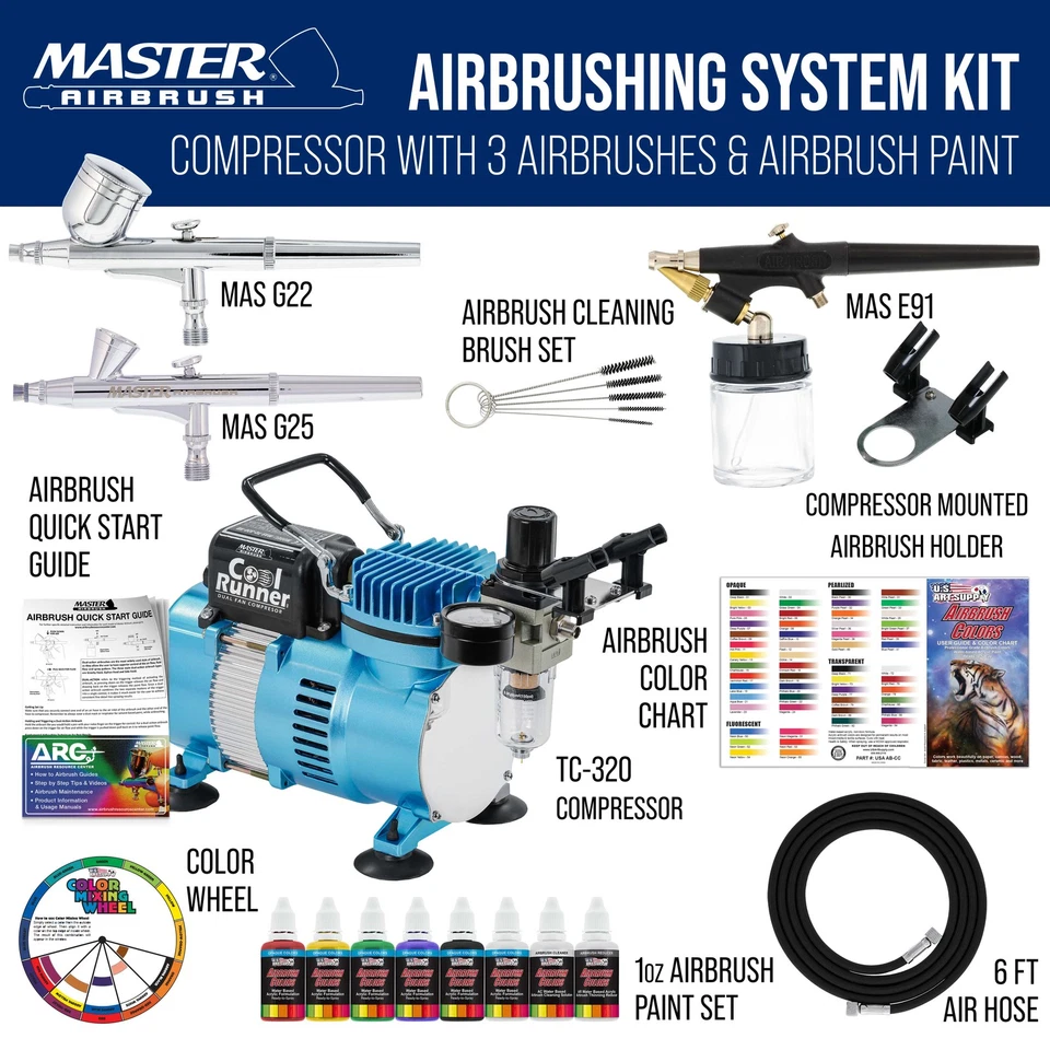 Master 3 Airbrush, Air Compressor & Hose Kit, 6 Primary Colors Acrylic Paint Set - Image 3 of 4