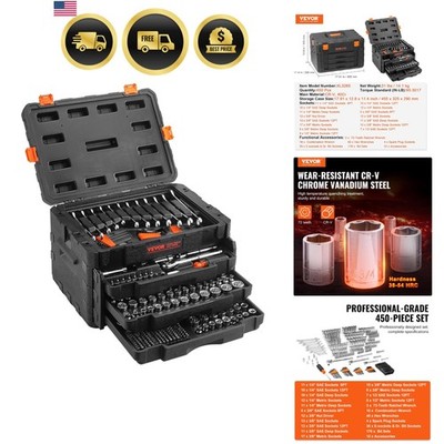 Mechanics Tool Set and Socket Set, 1/4'' 3/8'' 1/2'' Drive Deep and Standard Soc...