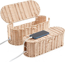 Cable Management Box 2Pack Cream, Handwoven Large and Small Cable Organizer Box