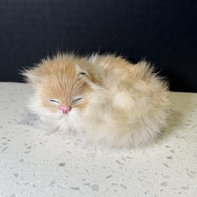 Vintage Real Rabbit Fur Sleepy Kitten Cat Kitten Pink Nose White And Beige 5 