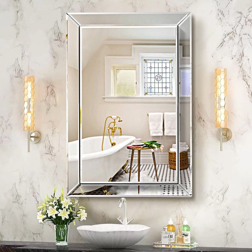 Mirror on Mirror Wall Mirror for Bathroom, 24" x 36" Rectangular Frameless Ba...