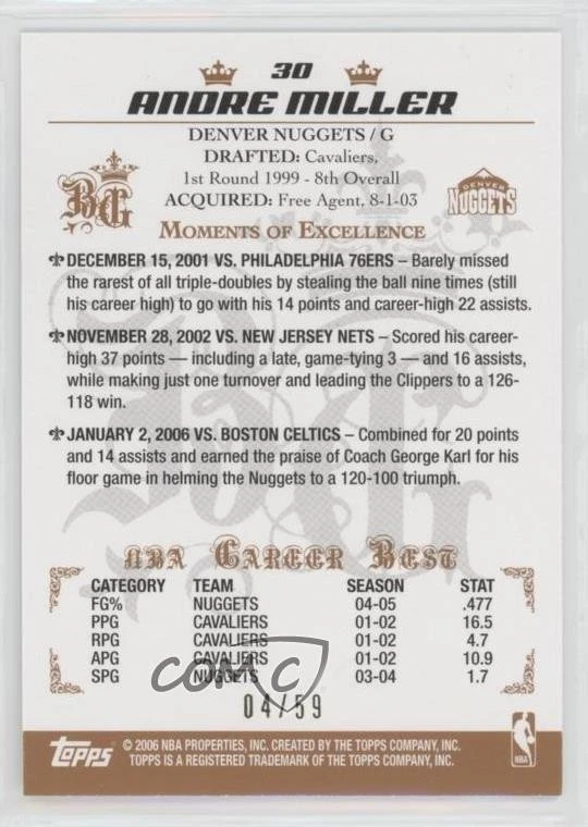 2006-07 Topps Big Game Blue /59 Andre Miller #30 - Image 2 of 2