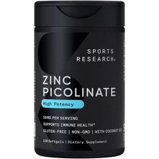 Sports Research High Potency Zinc Picolinate 50mg with Coconut Oil (120 Count)