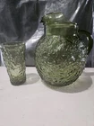Vintage Avocado Green Anchor Hocking Lido Milano Ball Pitcher & 1 Glasse