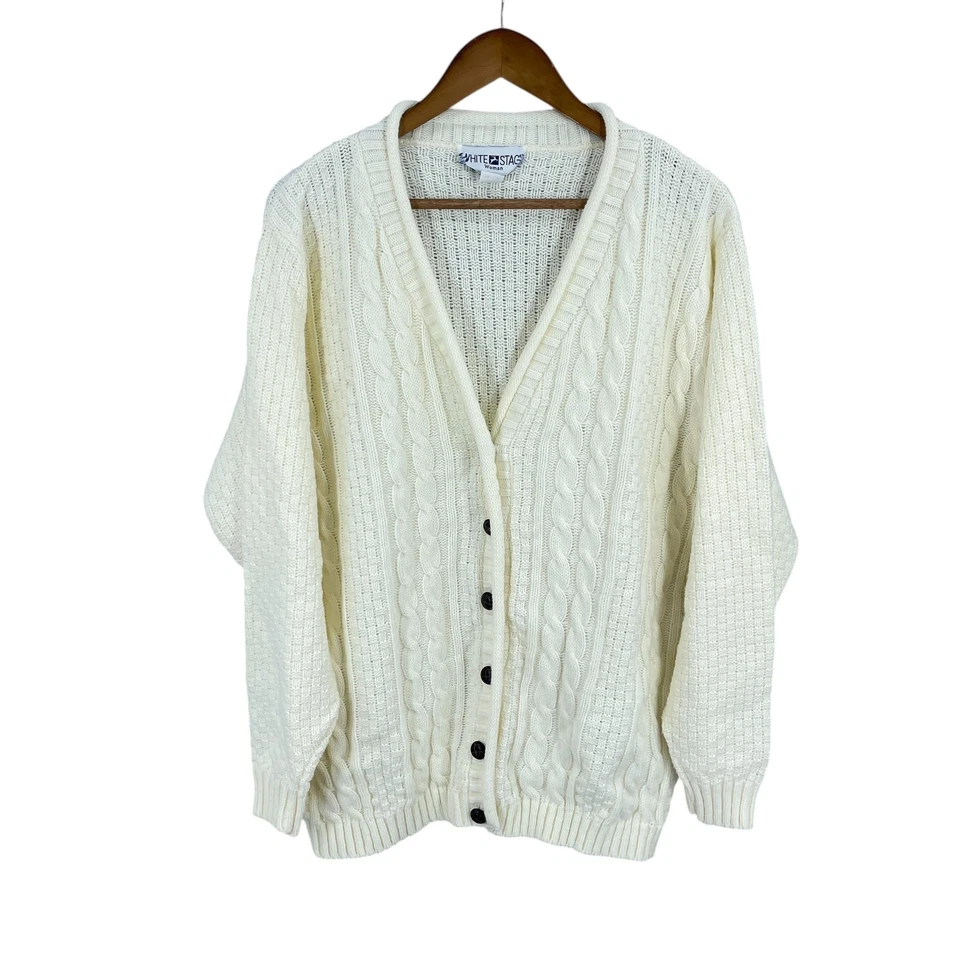 Винтажный Academia кардиган свитер женщин размер 18 Вт/20 Вт слоновой кости кабель трикотажа США 90-х - Изображение 3 из 4
