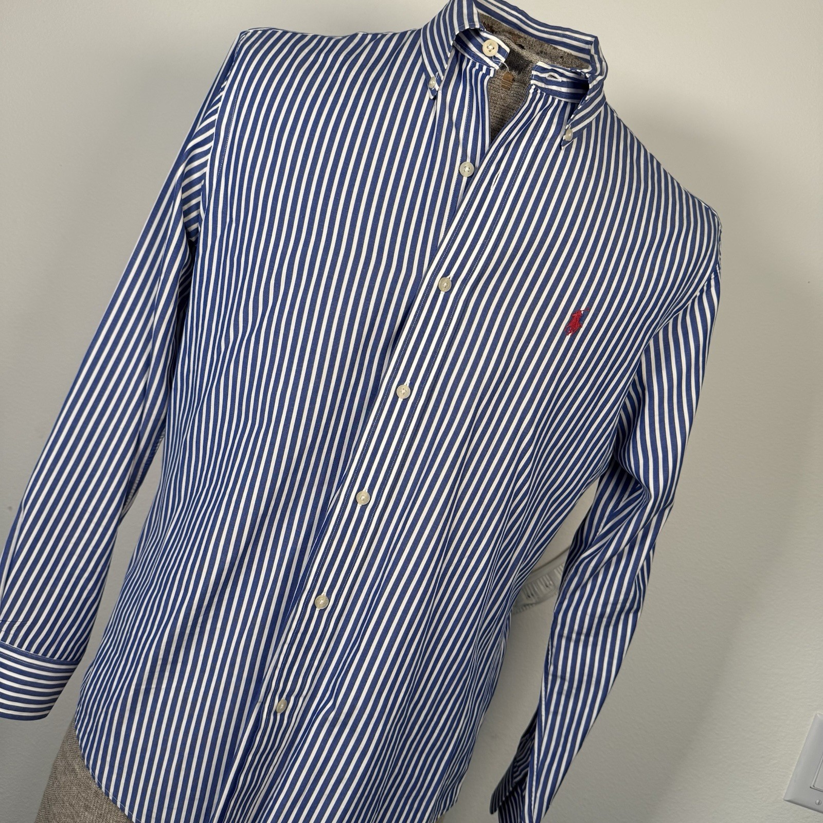 Camicia Ralph Lauren Golf con bottoni uomo blu a righe LS vestibilità personalizzata rosso pony med