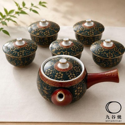 Kutaniyaki Nishimine kiln Tea Set Blue Grain Iron Flower Arabesque Green Tea Pot