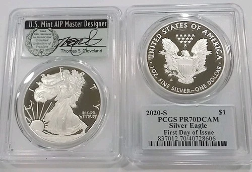 2020-S PROOF AMERICAN SILVER EAGLE PCGS PR 70 DCAM FDOI SIGNED THOMAS CLEVELAND