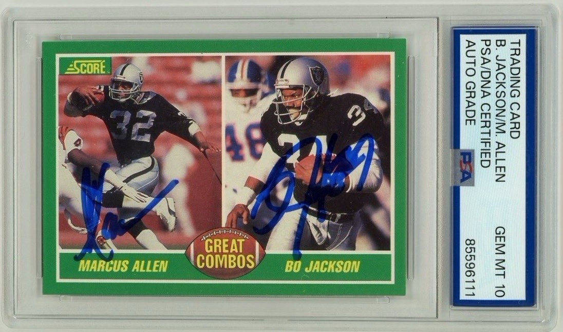Bo Jackson Autographed Signed Las Vegas Raiders Marcus Allen 1989 Score Great Combos Card PSA GEM MT 10 AUTO 