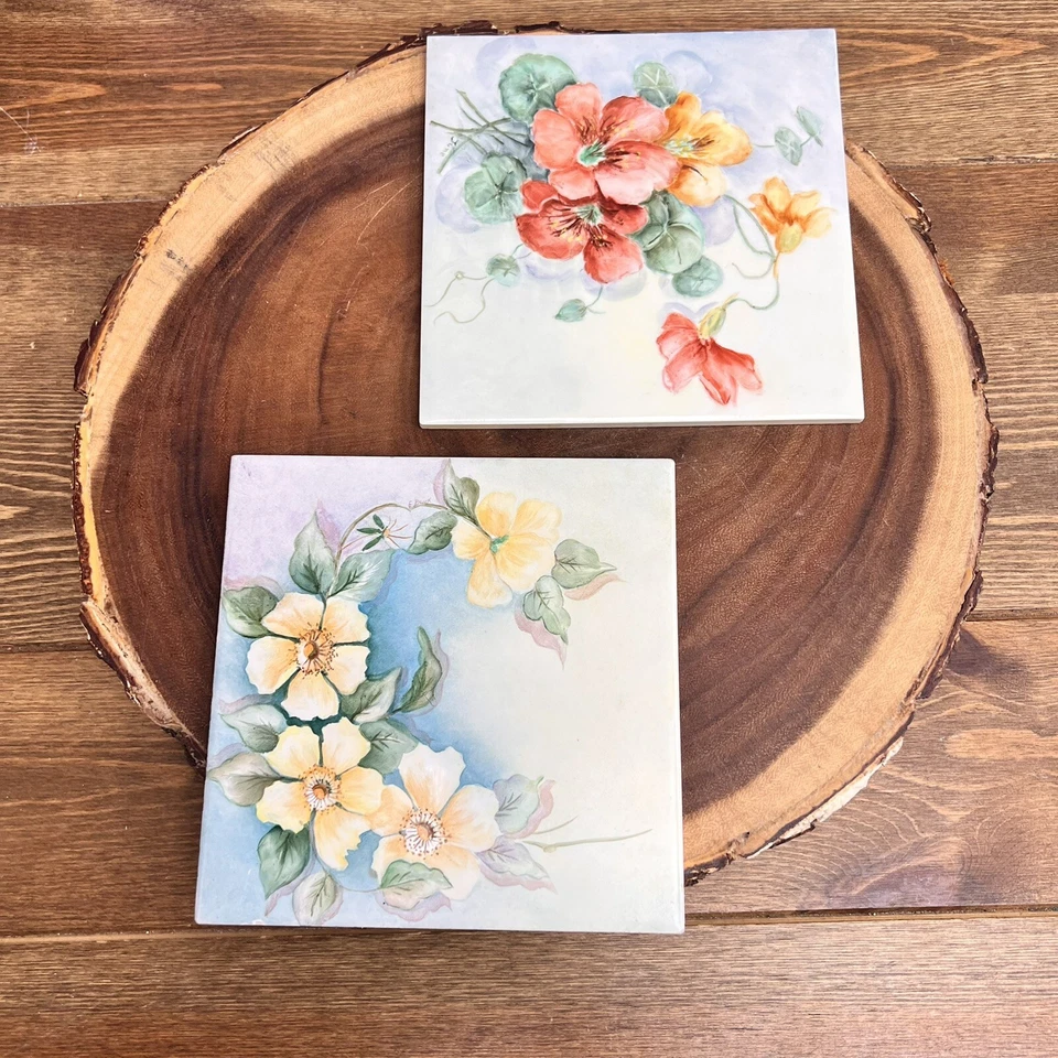Tile Hand Painted Floral Design Unique and Collectible Set Of 2 - Image 2 of 4