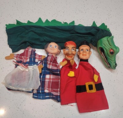 Lot Of 4 Vintage Hand Puppets- Unbranded. Dragon & 3 People