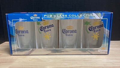 Corona Extra Beer Pub Glass Gift Set Of Four 4 Beer Pint Glasses In Box NOS