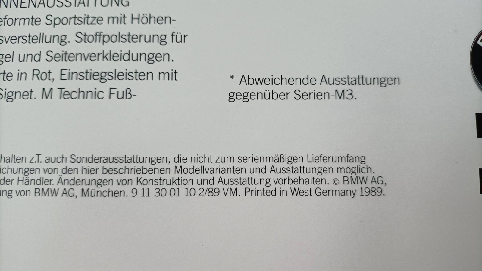 BMW e30 M3 Sport Evolution EVO3 Brochure Catalog Prospect OEM 911300110