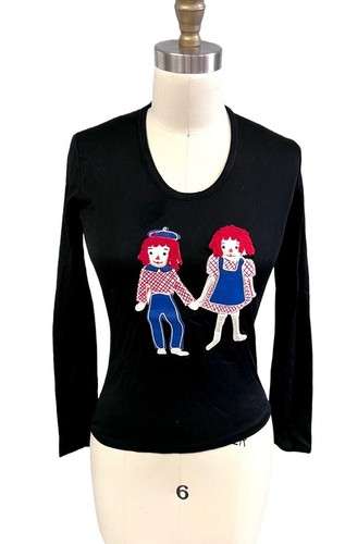 Vintage 70er Jahre Raggedy Ann & Andy Top Sitzbezüge! Etikett S/M auf schwarzem Nylon aufgetragen