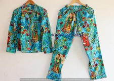 Women Turquoise Sleepwear Floral Print Cotton Indian Ethnic Top-Pajama set