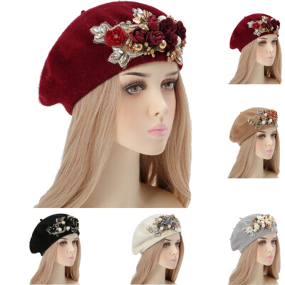Women Elegant Flower Beads Beret Hat Fashion Head Wrap 