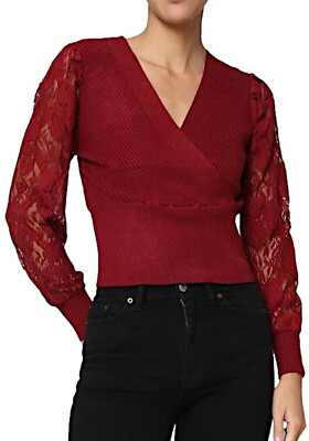 Ladies V-neck Lace Long Sleeve Ribbed Sweater Nuovo 98702