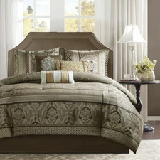 NEW! ~ MODERN ELEGANT RICH LUXURY BROWN GOLD GREY LEAF COMFORTER SET & PILLOWS