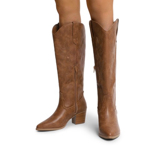 Women Low Chunky Heel Pointed Toe Zip Up Knee High Boots Cowboy Western Boot - Picture 17 of 27