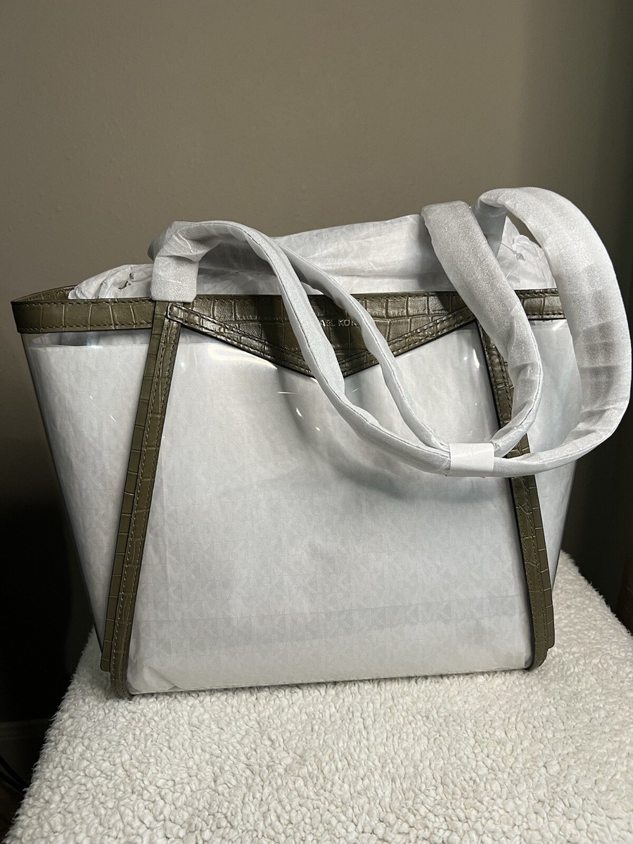 NWT Rare Michael Kors Whitney Clear Olive Embossed Leather Gold Accents  Tote
