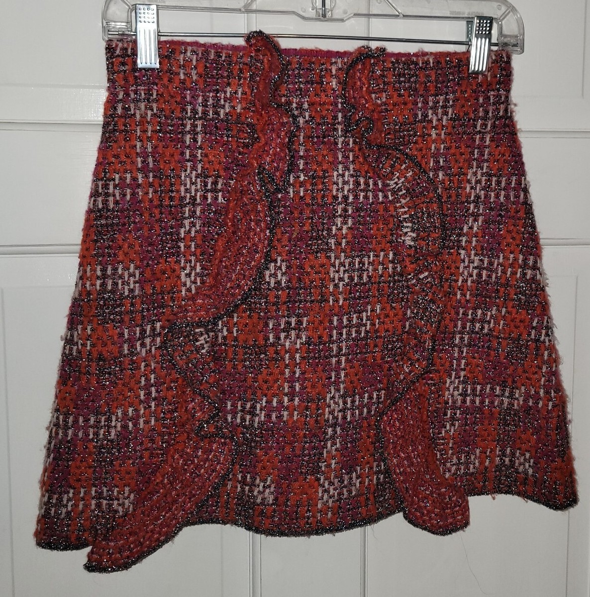 ZARA orange Magenta Pink Tweed Plaid Ruffle Stretch Pullon Sweater