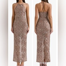 NEW House of CB  Giada Beaded Halter rose gold Gown SZ XS