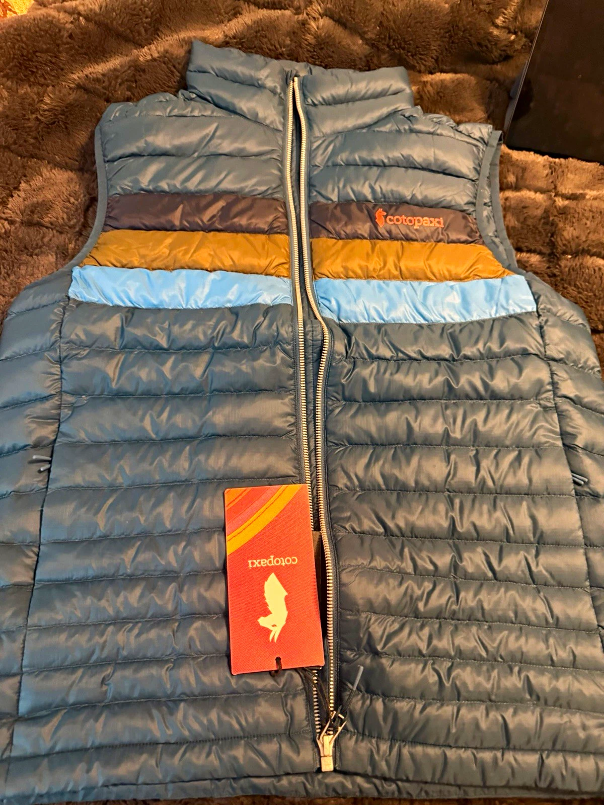 Cotopaxi Fuego Men's M 800 Fill Down Full Zip Striped Puffer Vest Blue image 1