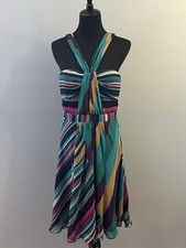 Nine West Halter Neck Midi Silky Lined Dress Purple, Teal Stripe Sz 6