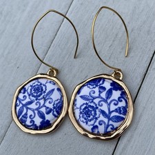 Min Favorit Blue White Porcelain Floral & Gold Pl Artisan Large Drop Earrings