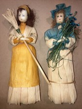 Vintage Handmade Corn Husk Dolls Halloween Red Hair Broom Stick Blue Flower Iowa